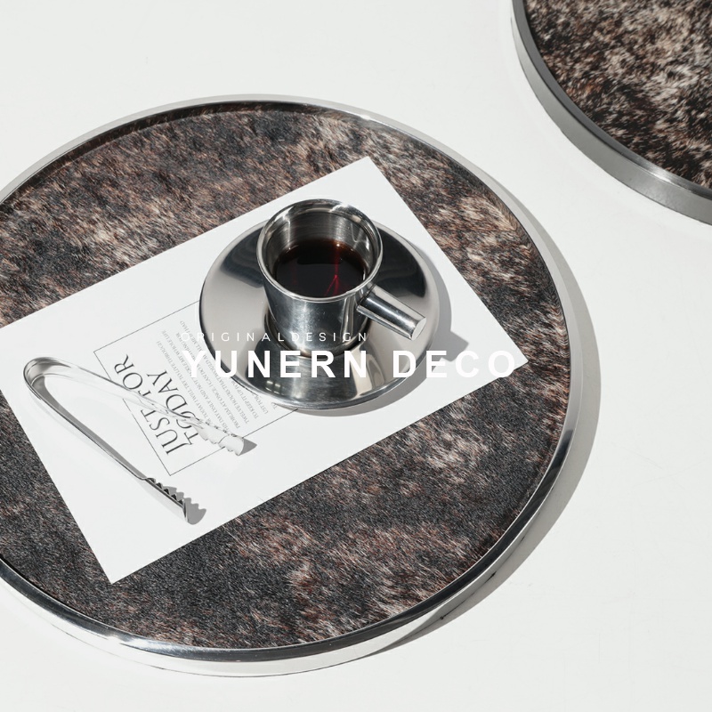 现代轻奢高档圆形托盘北欧创意不锈钢托盘高级感马毛收纳盘装饰品