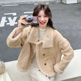 奶黄色温柔风麂皮绒羊羔毛外套女秋冬2025新款甜美可爱超好看棉服，女装皮草，2D113