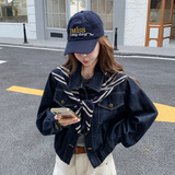 港风复古小翻领牛仔外套女秋季2025新款小个子短款时髦休闲夹克，女装牛仔外套，2D113