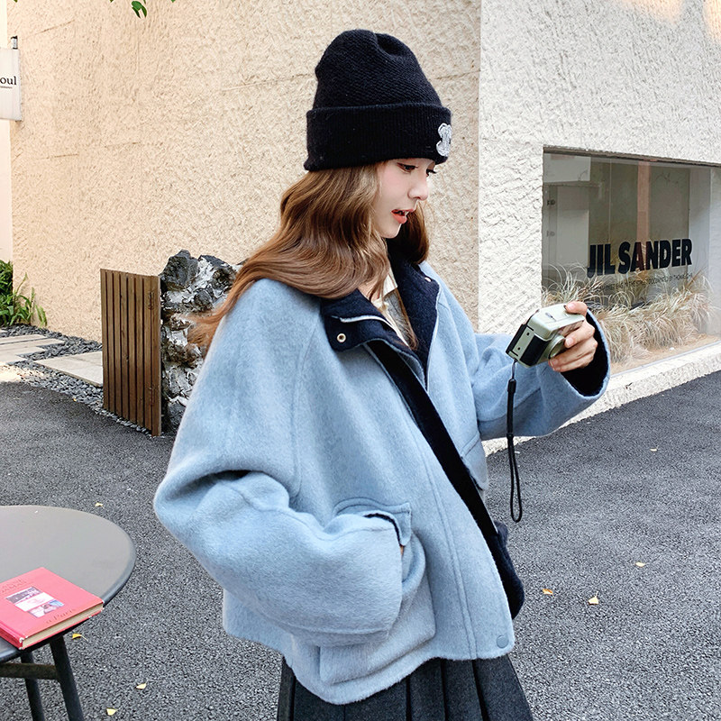 蓝色减龄羊毛双面毛呢外套女秋冬巨好看超火独特漂亮小个子呢大衣,女装毛呢外套,2D113