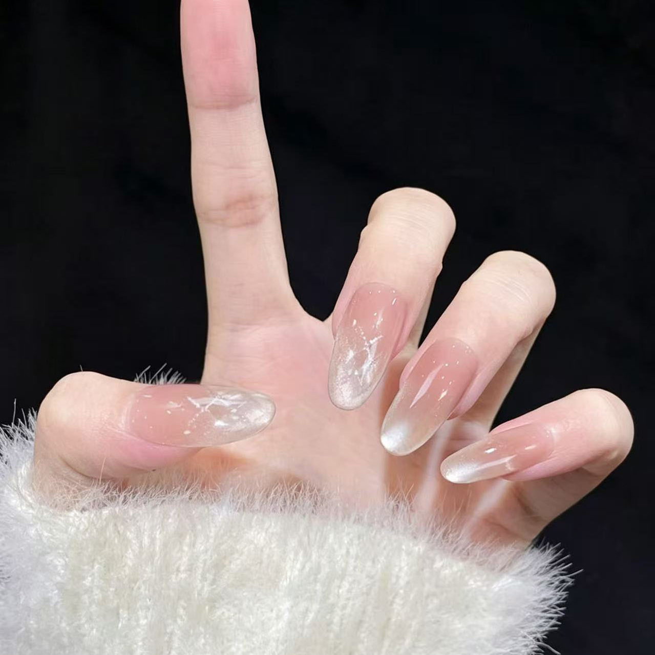 水色格纹手工美甲穿戴甲2026新款高级感猫眼中长款指甲贴片甲片