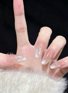 水色格纹手工美甲穿戴甲2026新款高级感猫眼中长款指甲贴片甲片
