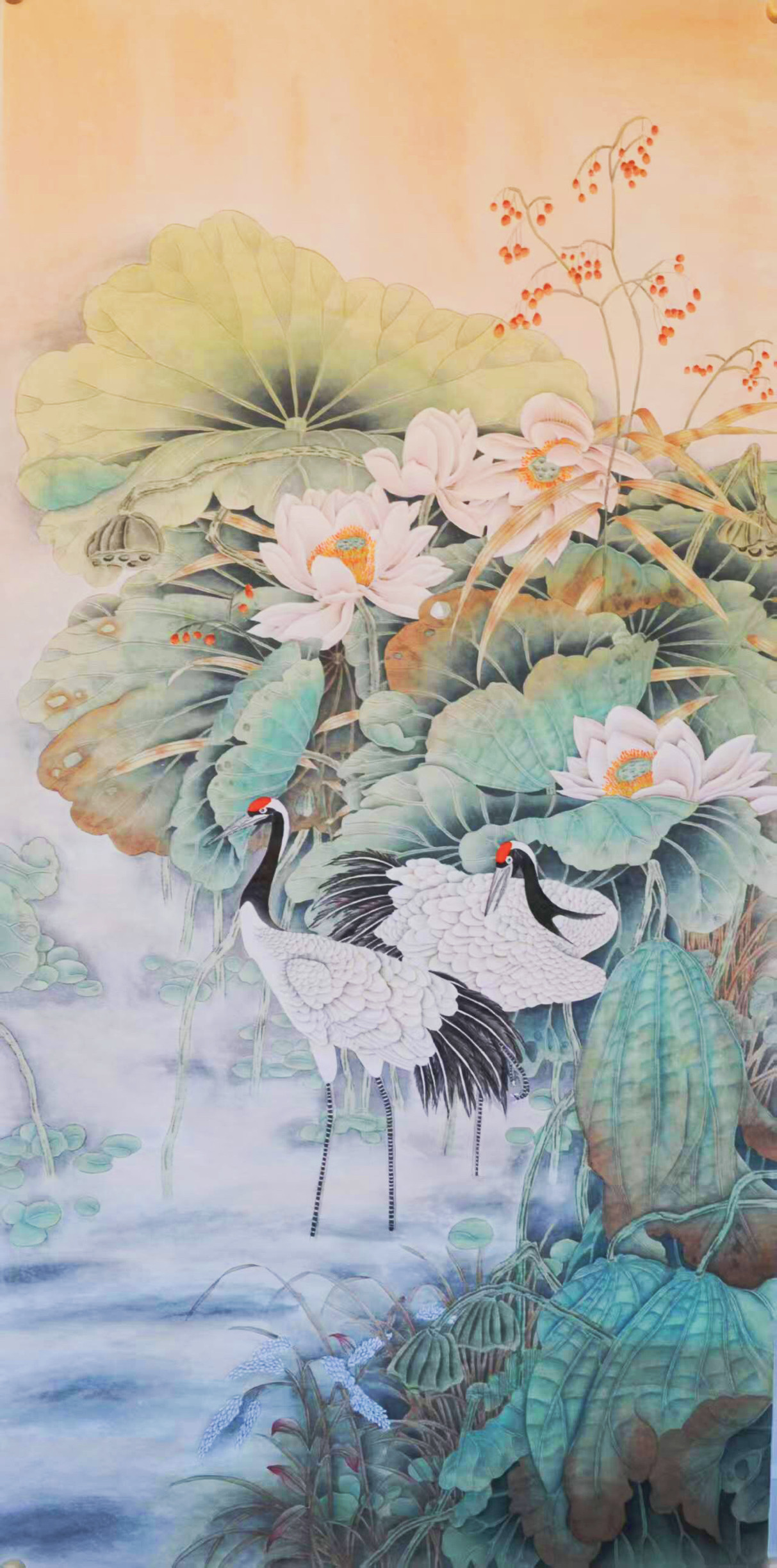 纯手绘工笔白荷花粉蓝莲花仙鹤天鹅国画祝寿乔迁四尺厅堂礼品画芯
