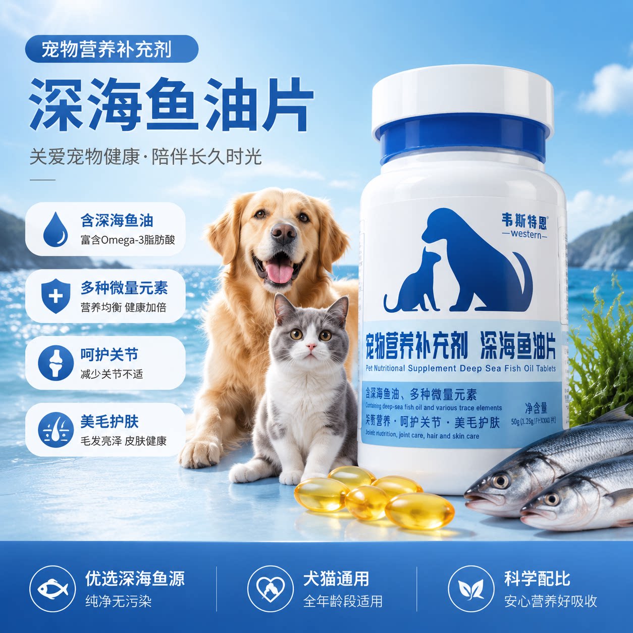 鱼油片亮毛猫狗通用宠物营养补充剂宠物保健品美毛护肤焕亮毛发