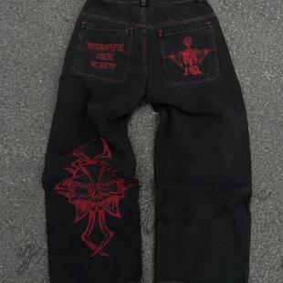Y2K牛仔裤街头服饰原宿嘻哈复古朋克刺绣宽松牛仔裤男高腰阔腿裤
