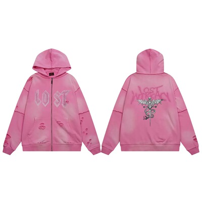 欧美高街洗水拉链连帽卫衣外套男女微喇洗水拼接长裤潮牌卫裤套装