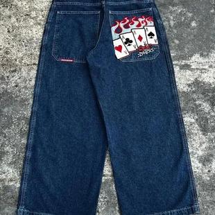 Y2K牛仔裤街头服饰原宿嘻哈复古朋克刺绣宽松牛仔裤男高腰阔腿裤