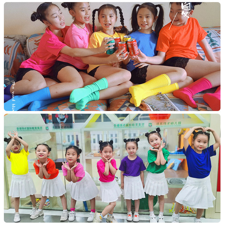 糖果色圆领彩色T恤儿童幼儿园小学生纯棉毕业班服短裤百褶裙套装