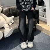 男拼接设计直筒阔腿长裤 高街Vibe复古重工做旧牛仔裤 美式 网红同款