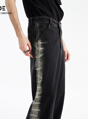 Organic Emotion直筒牛仔裤水洗渐变黑色宽松微喇长裤 OE原始情绪