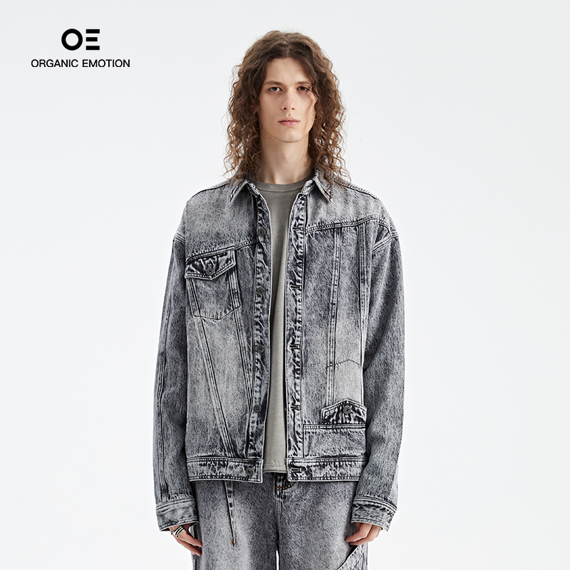 翻领廓形炒雪花洗水牛仔夹克