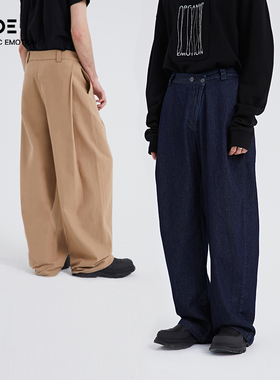 Organic Emotion休闲裤斜门襟褶皱显瘦宽松直筒牛仔裤 OE原始情绪