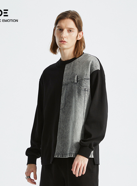 Organic Emotion圆领卫衣牛仔拼接小众设计原创上衣 OE原始情绪