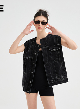 【明星同款】OrganicEmotion无领牛仔重磅马甲美式水洗解构背心OE