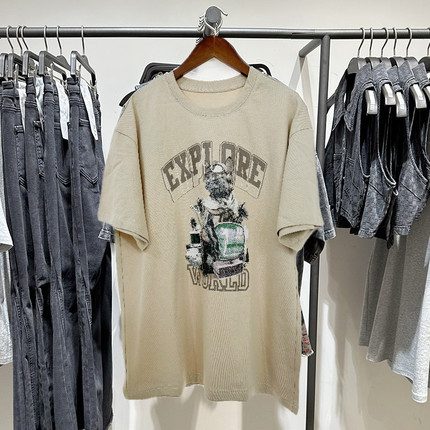 T恤女2024夏季新款女装美式休闲感印花棉质圆领潮短袖44009