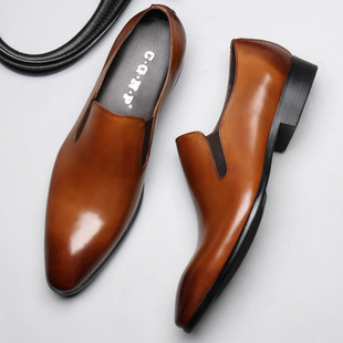 真皮男鞋 尖头透气鞋 新款 英伦风一脚蹬休闲皮鞋 子棕色正装 商务单鞋