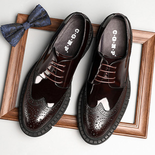 村哥牛皮布洛克男鞋亮皮潮流厚底系带时尚潮鞋英伦男休闲商务皮鞋