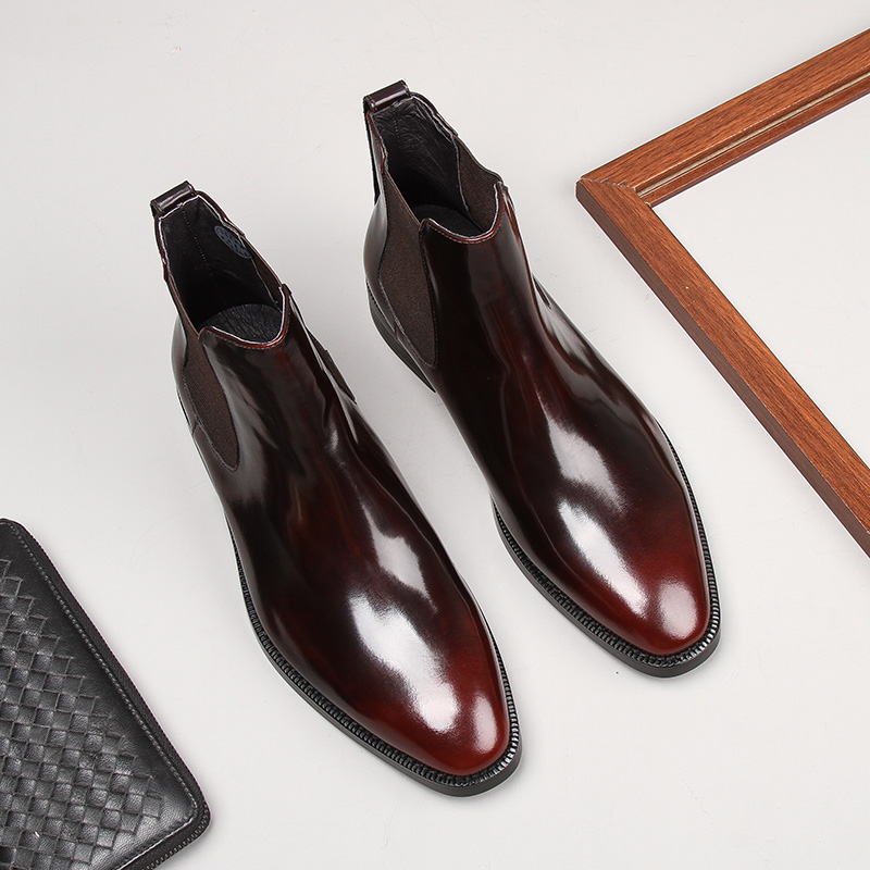 尖头商务短靴加绒亮皮男切尔西靴