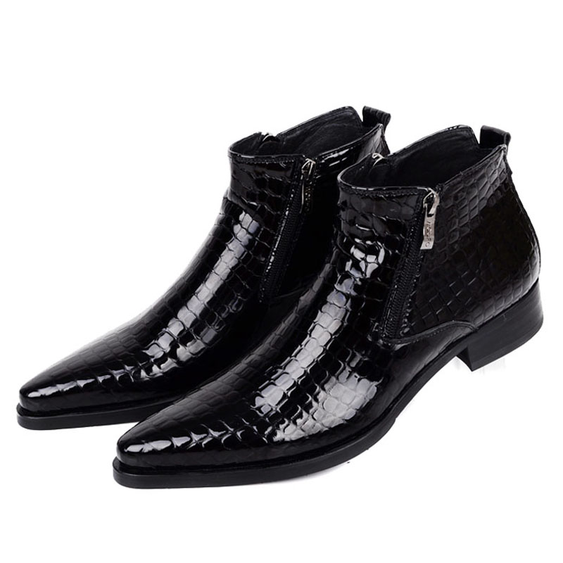 秋季真皮英伦男靴潮流细尖头皮靴双拉链漆皮短靴亮皮休闲潮牛仔靴