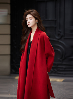 红色大衣女长款2025秋冬季高级感复古宽松浴袍羊毛双面呢外套结婚