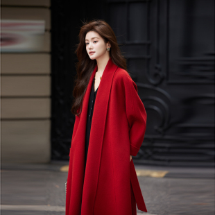 红色大衣女长款 高级感复古宽松浴袍羊毛双面呢外套结婚 2025秋冬季