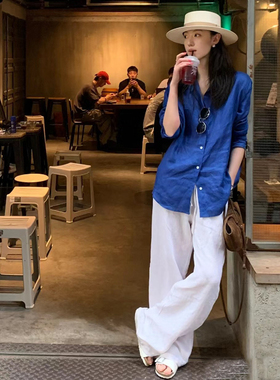 天然亚麻套装女2026春夏蓝色棉麻衬衫老钱风长袖防晒衬衣阔腿裤子