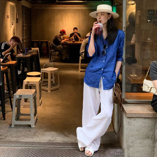 天然亚麻套装女2026春夏蓝色棉麻衬衫老钱风长袖防晒衬衣阔腿裤子