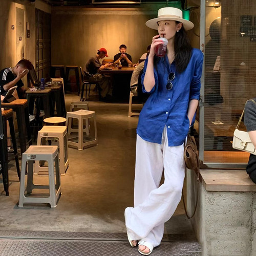 天然100亚麻衬衫老钱风防晒套装
