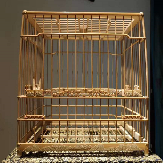 绣眼鸟笼永华款本工留青雕山水扎金线饕餮门亮笼板笼