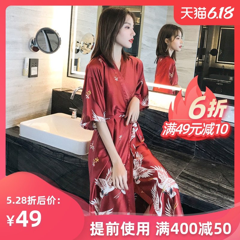 婚礼新娘晨袍夏季天薄款冰丝结婚性感睡衣春秋浴袍丝绸长款睡袍女