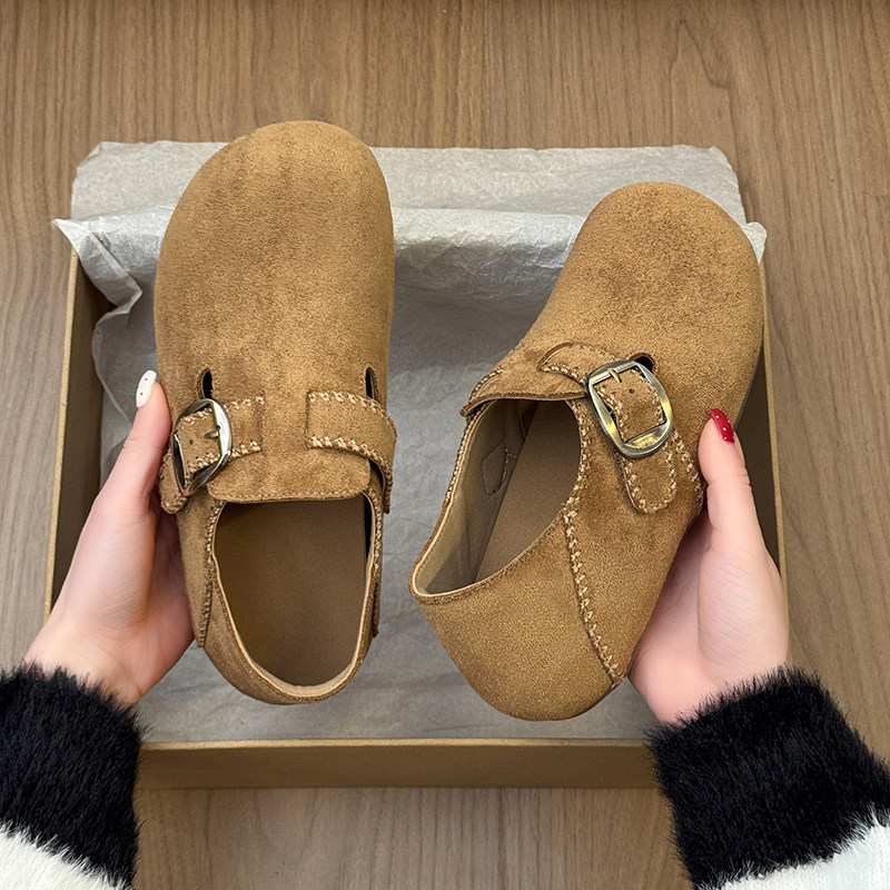 内增高全包勃肯鞋女款2026新款春季一脚蹬平底鞋复古磨砂乐福单鞋