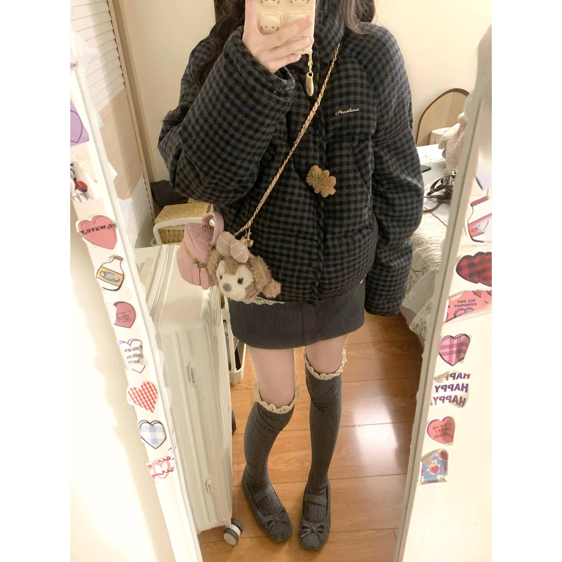 格子加厚羽绒棉服女冬季2025新款立领韩系呢子面包服学生棉袄外套