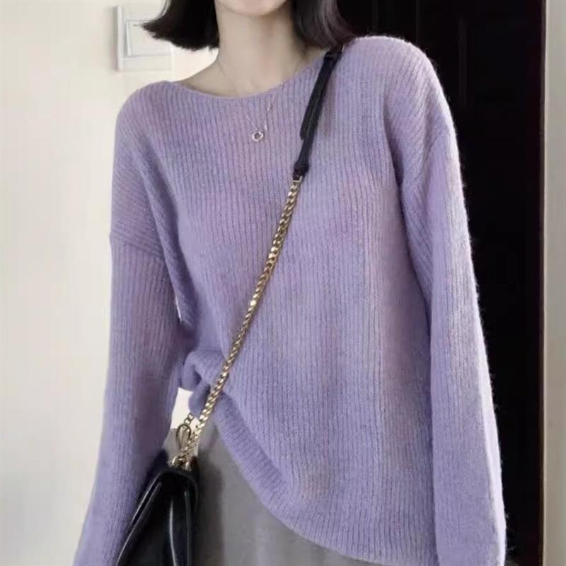 2025感香芋风毛衣薄款宽松慵懒淡紫色绝美针织衫高级春秋套头上衣