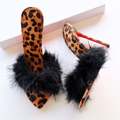 豹纹毛毛细高跟拖鞋 一字拖超浅口性感夜店主持红底大码 反串CD反串