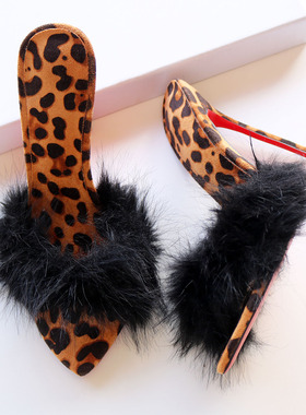 豹纹毛毛细高跟拖鞋一字拖超浅口性感夜店主持红底大码反串CD反串