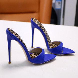 13CM 尖头露趾大小码 宝蓝色豹纹超高跟一字拖鞋 性感夜店细高跟凉鞋