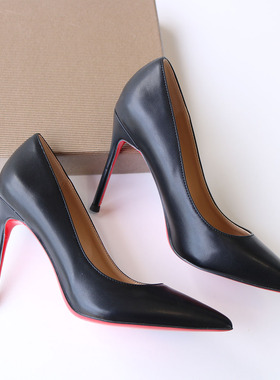 黑色哑光尖头高跟鞋细跟浅口红底鞋百搭职业礼服鞋雾面软皮面10CM