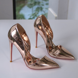 定制名媛13CM 法式 中空高跟鞋 红底尖头细跟超浅口香槟色漆皮CD大码