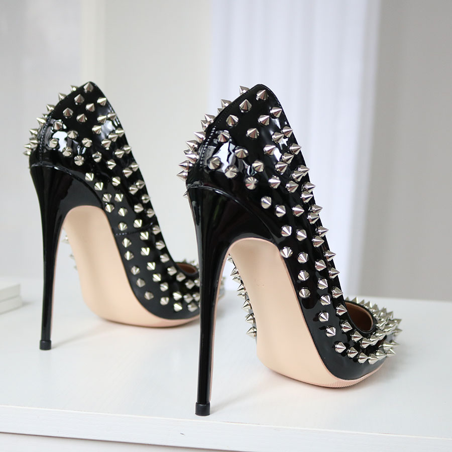 浅口尖头超高跟单鞋法式铆钉