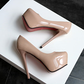 裸色漆皮红底超高跟单鞋 防水台细跟简单亮皮恨天高14cm 女浅口春季