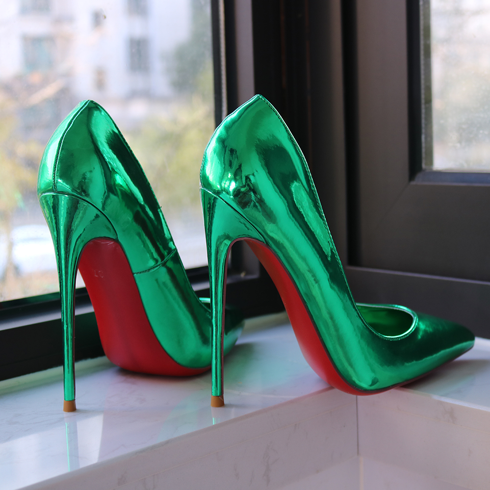 绿色尖头高跟鞋细跟红底鞋宴会鞋