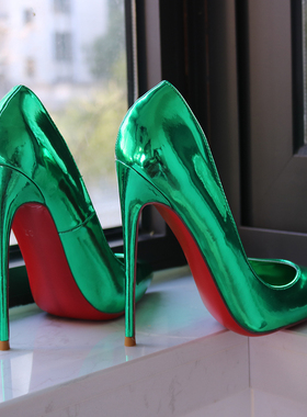 绿色镭射金属镜面尖头高跟鞋超级浅口性感气质OL御姐名媛大码13CM