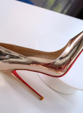 CD大码超浅口高跟鞋43-46码定制红底细跟香槟金色漆皮红底鞋13CM