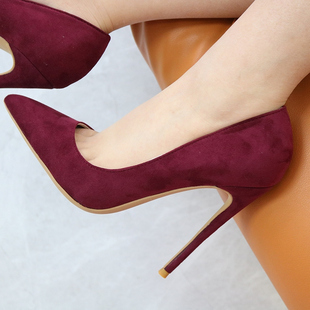 定制模特13CM 小大码 酒红色绒面细跟尖头高跟鞋 超浅口气质名媛法式