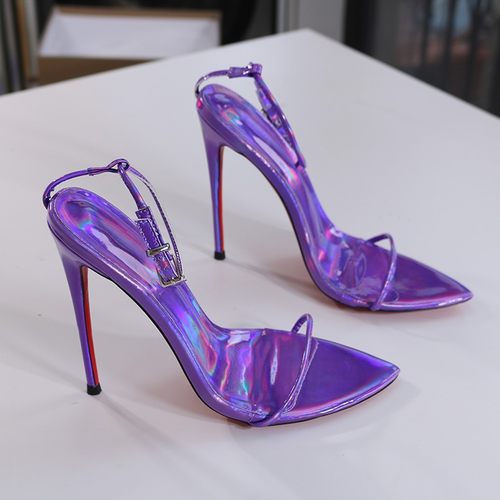 超细带一字带细高跟凉鞋紫色大码