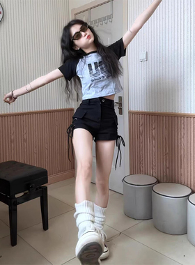 黑色高腰显瘦抽绳工装牛仔裤女夏季辣妹包臂A字短裤绑带直筒热裤