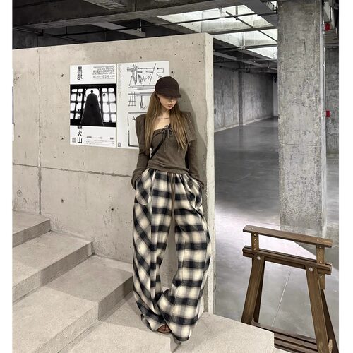 SUNONEONE 复古慵懒感大口袋格子休闲裤女早秋宽松垂感格纹裤子