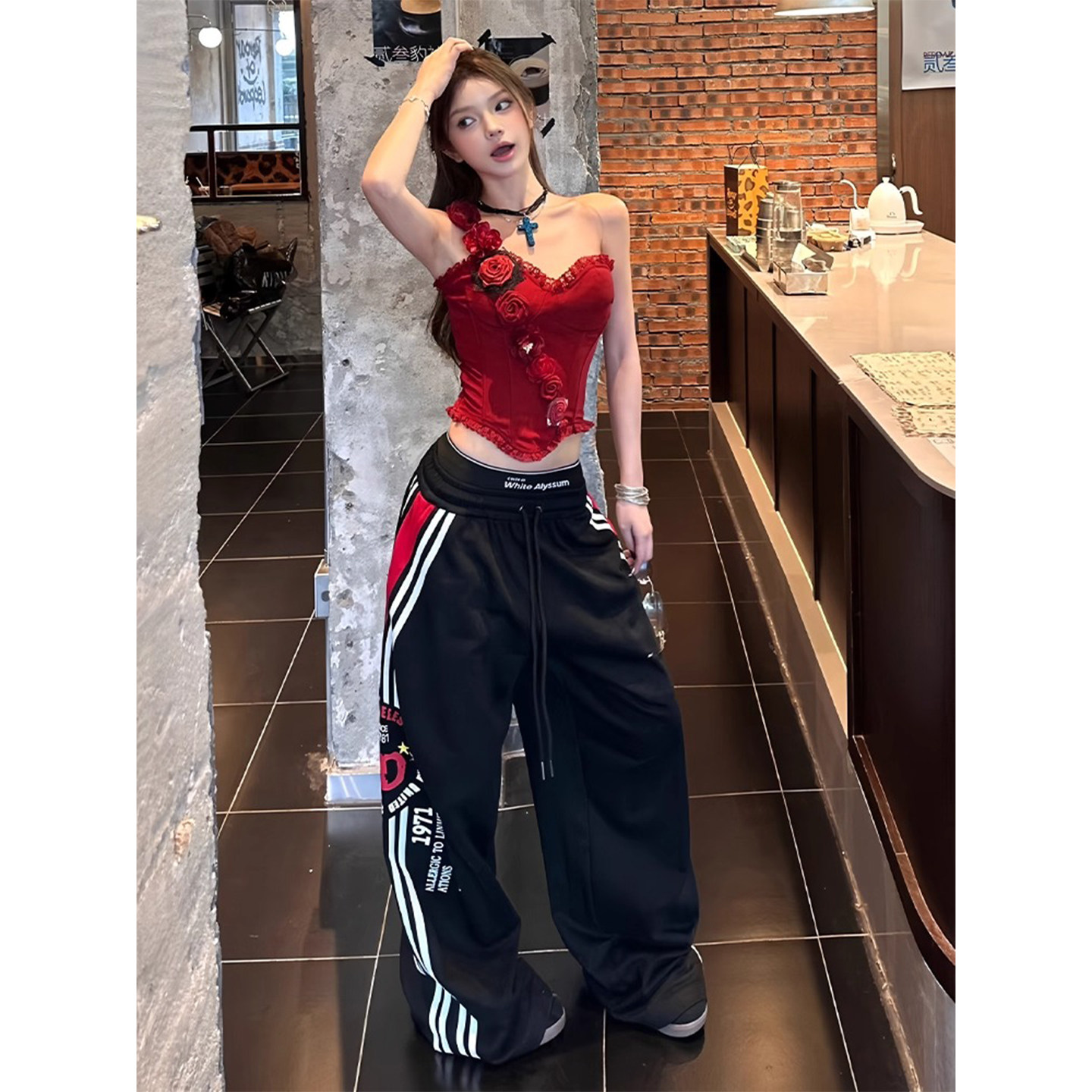 Tongiiuu 痞酷美式复古双腰头抽绳阔腿裤女宽松直筒夏跳舞休闲裤