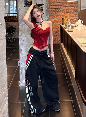 Tongiiuu 痞酷美式复古双腰头抽绳阔腿裤女宽松直筒夏跳舞休闲裤