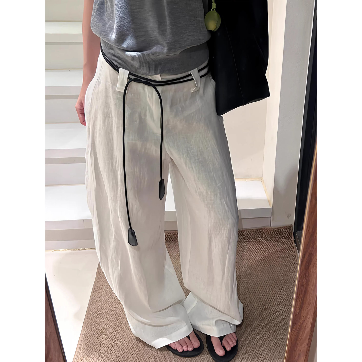 老钱风白色亚麻阔腿裤女2025夏薄款透气高腰休闲裤棉麻垂感镰刀裤